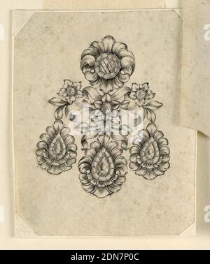 Design pour un contour d'oreille, stylo et encre noire, lavage au pinceau et au sépia, peinture argentée sur papier, design bijoux pour un contour d'oreille. Le disque au-dessus et les trois gouttes au-dessous sont encadrés par des feuilles en forme de palmettes. Au centre, un ruban noué avec trois fleurs et trois feuilles. Coins biseautés., probablement Naples, Italie, ca. 1775, bijoux, dessin Banque D'Images