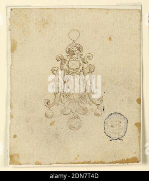 Design pour suspension avec demi-figurines, stylo et encre, pinceau et aquarelle, sépia sur papier, un diamant ovale est encadré par un étaille. Sur les côtés se trouvent des demi-figures femelles avec une volute comme une jambe à partir de laquelle un diamant rond est en attente. Au-dessus, l'ovale est un diamant carré plus petit est un autre escutcheon fixé autour des bords de la principale. Au centre ci-dessus se trouve la tête d'un homme barbu avec une volute autour du front. Sur l'anneau. Ci-dessous est un éventail de coquillages et défile avec un diamant rond en attente., Italie, 16ème siècle, bijoux, dessin Banque D'Images