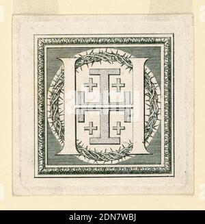 Lettre H, de l'Histoire générale de la Maison d'Auvergne de Baluze, Sébastien Leclerc, français, 1637–1714, Etching avec gravure sur papier vélin blanc, H avant une croix de Jérusalem et la couronne d'épines., France, 1707–08, éphémera, Imprimer Banque D'Images