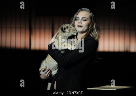 Cara Delevingne pose avec un lion cub dans ses bras lors de la conférence de presse pour annoncer qu'elle est le nouveau visage de la campagne Tag Heuer aux Beaux Arts de Paris, France, le 23 janvier 2015. Photo par ABACAPRESS.COM Banque D'Images