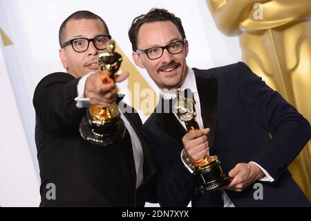 James Lucas et Mat Kirby se posent dans la salle de presse lors du 87e Annual Academy Awards au Loews Hollywood Hotel le 22 février 2015 à Los Angeles, CA, Etats-Unis. Photo de Lionel Hahn/ABACAPRESS.COM Banque D'Images