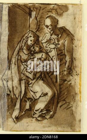 Demi-page d'un carnet d'esquisse; Vierge à l'enfant et une troisième figure, Jan van der Straet, appelée Stradanus, flamand, 1523–1605, encre brune et lavage sur papier, Vierge assise sous un arbre tenant le bébé Jésus sur ses genoux. Derrière elle une autre figure, peut-être Joseph. Recto: L'autre moitié de la scène de banquet au dos du 1947-58-5., pays-Bas, ca. 1590, figures, dessin Banque D'Images