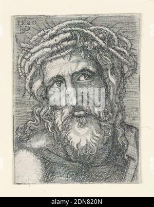 La tête du Christ, Hans Sebald Beham, allemand, 1500–1550, gravure sur papier ponté, figure de la tête du Christ, couronnée d'épines. Il est montré plein-visage, et une épaule est vue à gauche. En haut à gauche du monogramme de l'artiste et date 1520., Allemagne, 1520, chiffres, Imprimer Banque D'Images