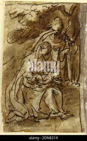 Demi-page d'un carnet d'esquisse; Vierge à l'enfant avec Joseph, Jan van der Straet, appelé Stradanus, flamand, 1523–1605, encre brune et lavage sur papier, Vierge à l'enfant assis contre un mur. Joseph debout à côté d'eux. Recto: Moitié gauche d'une scène, peut-être Salome avec la tête de Jean-Baptiste., pays-Bas, ca. 1590, figures, dessin Banque D'Images