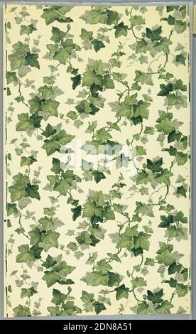 Sidewall, Arthur Sanderson & Sons, Ltd., (Londres, fondée en 1860), papier imprimé par blocs, feuilles de lierre tordues, branches et tendrils dans un motif tout-en-un. Cinq nuances de vert, beige, sur sol blanc verni., Angleterre, 1840, revêtements muraux, flanc Banque D'Images