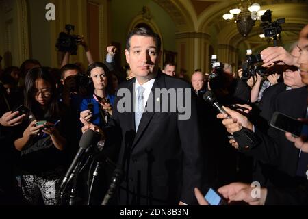 File photo : Sen. Ted Cruz (R-TX) speaks to the media after Senate leaders have annonced a deal to end government shutdown at the U.S. Capitol October 16, 2013 in Washington, DC, USA. Republican Senator Ted Cruz has confirmed that he is running for the US presidency in 2016, becoming the first Republican to declare his campaign. The 44-year-old Texan is to set out his plans in detail in a speech at Liberty University in Virginia on Monday. Photo by Olivier Douliery/ABACAPRESS.COM Stock Photo