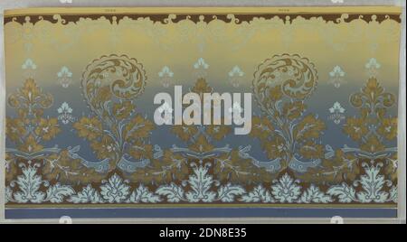 Frise, papier imprimé à la machine, acanthus de défilement en supposant la forme de Paisley. Ces motifs sont joints par un ruban folié. Imprimé sur un arrière-plan qui passe du marron clair au bleu foncé en bas., États-Unis, 1905–1915, Wallcoverings, Frieze Banque D'Images