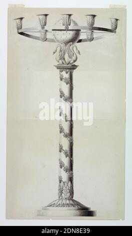 Dessin pour un Candlestick, Joseph Anton Seethaler II, allemand, 1799–1868, Graphite, stylo et encre, pinceau et lavage sur papier, UNE vigne de raisin est enroulée autour d'une colonne sur laquelle deux cygnes soutiennent un globe étoilé. A l'aide de rayons, se trouve un anneau supportant huit douilles, ou dont sept sont illustrées., Allemagne, 1825–1835, travail des métaux, dessin Banque D'Images