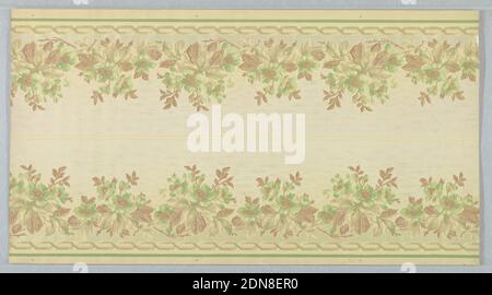 Frieze, papier imprimé à la machine, sur un sol gris-blanc clair, des boisseaux de fleurs sauvages en brun rouge, jaune et vert au-dessus et en dessous. Bordures imprimées deux sur toute la largeur., Etats-Unis, 1905–1915, Wallcovers, Frieze Banque D'Images