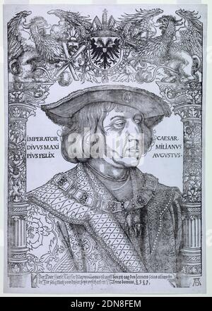 Portrait de Maximilian I, Albrecht Dürer, allemand, 1471–1528, coupe de bois sur papier blanc cassé, Portrait du Saint empereur romain Maximilian I avec une bordure ornementale de Hans Weidinz., Allemagne, 1518–19, figures, imprimé Banque D'Images