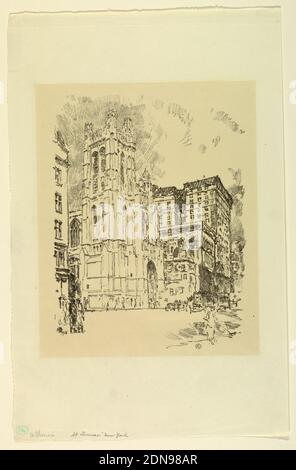 St. Thomas's New York, Childe Hassam, cuisine américaine, 1859–1935, Lithographie sur papier, vue vers le nord sur la Cinquième Avenue à la 53e rue, New York. L'église Saint-Thomas apparaît au centre inférieur., USA, 1918, architecture, Imprimer Banque D'Images