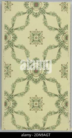 Sidewall, Maxwell & Co., S.A., Chicago, Illinois, États-Unis, papier imprimé à la machine, flocons de mica appliqués, papier de plafond Flitter. Treillis foliaire ou motif couches avec grand médaillon squarish au centre et motif floral. Éléments désélectionnés en flocons de mica or. Imprimé sur un sol brun clair, États-Unis, 1905–1915, revêtements muraux, flanc Banque D'Images