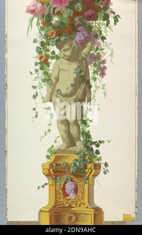 Panneau décoratif, Jules Desfossé, français, active 1851 - 1863, papier imprimé en bloc, Statue d'un nourrisson, debout sur un piédestal recouvert de vigne avec une base de caméo bordeaux et lavande. Le putti est orienté vers la gauche, soutenant un panier de fleurs. Imprimé sur sol blanc., Paris, France, 1856–1857, revêtements muraux, panneau décoratif Banque D'Images