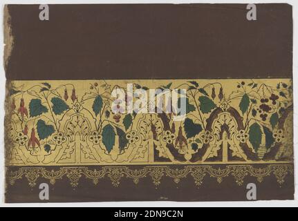 Abat-jour, bloc imprimé et peint à la main sur papier, assortiment de feuilles et baies avec motifs gothiques. Contour noir sur fond doré sur fond de papier brun., Etats-Unis, 1875–1900, revêtements muraux, abat-jour Banque D'Images