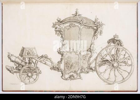 Design for a Carriage, Johann Michael Hoppenhaupt II, allemand, 1709–ca. 1778, décapage et gravure sur papier blanc, conception d'un chariot. Le toit de l'autocar est en forme de dôme avec des glands suspendus. L'ornement de plante englobe l'autocar de sa porte à ses roues. À l'arrière de l'autocar, où le conducteur s'assiérait probablement, une couronne et peut-être une récolte d'équitation sont placés sur un coussin. À l'avant de l'autocar, il y a divers objets ménagers comme une lampe et un miroir encadré orné. La porte de la calèche a une fenêtre semblable à un écran, et en dessous, une scène pastorale encadrée., Berlin Banque D'Images