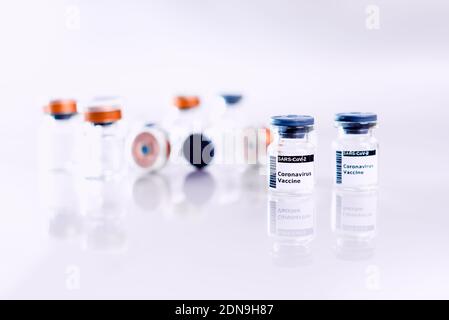 Vials of the coronavirus vaccine (sars-cov-2 COVID-19) ready to be administered to people for their immunization. Stock Photo