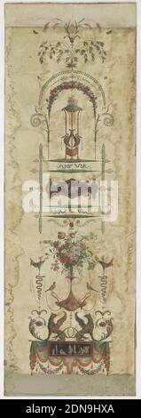 Flanc, Jean-Baptiste Fay, active 1780 – 1790, Arthur & Robert, bloc imprimé sur papier fait à la main, rectangle vertical avec un motif arabesque. Au fond, deux griffons sur une base avec drapery en vert rose et beige; sous un vase de fleurs avec des oiseaux sur les poignées. Au centre, un médaillon en forme de diamant avec un sujet classique sur fond noir, encadré de bandes de Laurier et de guirlandes de roses et de rouleaux de feuillage entrecroisés., Paris, France, 1788, revêtements muraux, flanc Banque D'Images