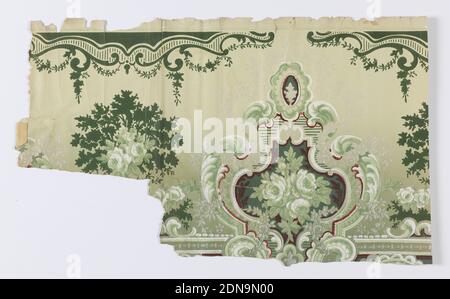 Bordure, papier imprimé à la machine, roses vertes et blanches en cartouche fleurie élaborée. Imprimé sur sol vert gradué., Etats-Unis, 1895, revêtements muraux, Border Banque D'Images