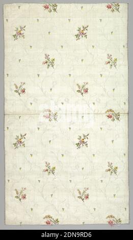 Textile, Medium: silk Technique: compound satin weave, White silk with a grosgrain ground with design of large-scale roses in satin weave with outlines and details in the floats of extra white silk weft. Both selvages., France, ca. 1885, woven textiles, Textile Stock Photo