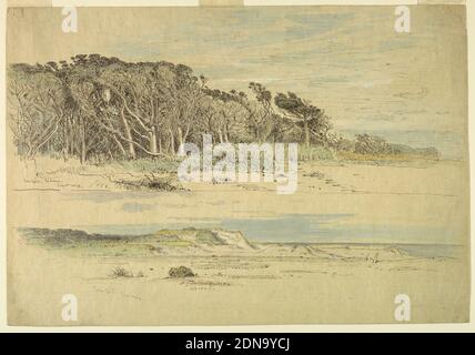 Sea Girt, New Jersey, Samuel Colman, américain, 1832–1920, stylo et encre noire, pinceau et aquarelle jaune, marron et bleue, gouache blanche, traces de graphite sur papier Havane, vue Horizonale d'une plage déserte divisée par une ligne de plume en sections supérieure et inférieure : dans la section supérieure, un bois de cèdre est montré à gauche, à mi-distance, sous un ciel bleu nuageux. Le sable et les mauvaises herbes sont au premier plan, avec la mer à droite à l'arrière; dans la section inférieure, on voit la mer depuis la rive, avec une étroite étendue de sable au premier plan, des dunes à la distance centrale et un bois à l'arrière-plan gauche Banque D'Images