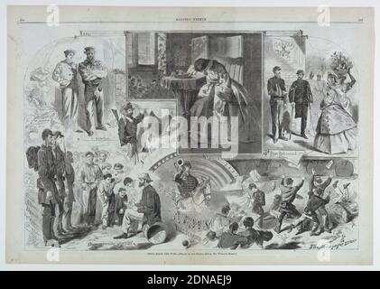 Nouvelles de la guerre, Winslow Homer, cuisine américaine, 1836–1910, Harper's Weekly, gravure en bois à l'encre noire sur papier, double page de vignettes montrant des gens recevant des nouvelles sur la guerre civile. En haut au centre, une femme désherpe avec sa tête sur sa main, tout en tenant une lettre. En bas à gauche, autoportrait de Winslow Homer esquissant des soldats, étiqueté ci-dessous: Our special Artist., USA, 14 juin 1862, Figures, Imprimer Banque D'Images