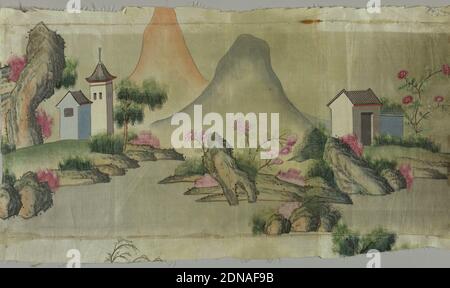 Fragment, Moyen: Soie technique: Peint sur taffeta, panneau oblong de taffeta peint en polychrome avec conception de rochers, montagnes, bâtiments. Fait partie d'un grand panneau., Chine, fin du XVIIIe au début du XIXe siècle, textiles imprimés, teints et peints, fragmentés Banque D'Images