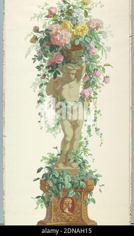 Decorative panel, Jules Desfossé, French, active 1851 - 1863, Block-printed paper, Statue of an infant, standing on vine-covered pedestal with a burgundy and tan cameo in base. Putto is facing right, supporting a basket of vining flowers. Printed on white ground., Paris, France, 1856–1857, Wallcoverings, Decorative panel Stock Photo