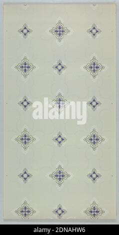 Ceiling paper, Gossler and Wilt Wall Paper Co., Philadelphia, Pennsylvania, Machine-printed paper, liquid mica, Two quatrefoil motifs, one larger, one smaller, are connected and separated by vining foliate ogival lines. Printed in deep blue, tan, black, gray, and white mica on light colored ground., Philadelphia, Pennsylvania, USA, 1905–1915, Wallcoverings, Ceiling paper Stock Photo