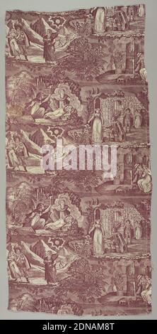 Textile, Medium: cotton Technique: printed on plain weave, Four allegorical scenes. 1) A couple dancing and an old man with a harp. 2) A sleeping woman; in front of her, man holding a torch. 3) A woman beside a kneeling man, in background architectural scene. 4) Man and woman seated. Printed in Mauve., Nantes, France, 19th century, printed, dyed & painted textiles, Textile Stock Photo