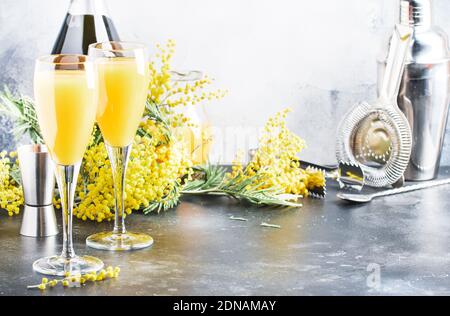 Cocktail d'alcool Mimosa avec jus d'orange et champagne sec froid ou vin mousseux dans des verres, fond de comptoir gris avec fleurs de yelow, copie sp Banque D'Images