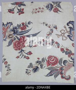 Textile, Moyen: Coton technique: Mordants pour 2 rouges; brun et noir appliqué par stylo et pinceau; teint par gardder; bleu appliqué sur la résistance; jaune appliqué sur le bleu pour le vert; chintz sur le tissage Uni, les guirlandes et les grappes de fleurs. Fragment d'une palampore., Inde, XVIIIe siècle, textile imprimé, teint et peint Banque D'Images