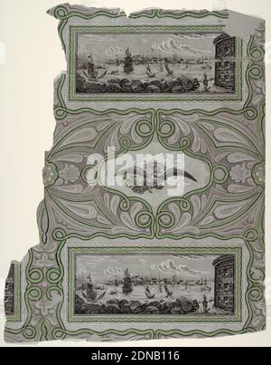 Flanc, imprimé en bloc sur du papier fait à la main, vue du port de New York comme vu de Castle Williams sur Governor's Island, probablement adapté d'un imprimé de la scène. L'avant-plan montre la marche des sentinelles au pied de la tour. Voiliers, voiliers et véhicules à roue latérale à Lower Bay et à la pointe sud de Manhattan à distance. Cette scène est entourée d'un rectangle, alternant avec une forme de cartouche décorative comportant un motif d'aigle en vol portant la bannière « E PLURIBUS UNUM ». Imprimé en gris, noir, blanc et vert lime., États-Unis, 1830, revêtements muraux, flanc Banque D'Images