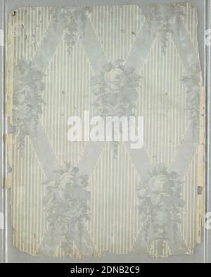 Sidewall, Ericson & Weiss, Block-printed, On gray ground, gray and white vertical stripe fill broken into diamonds by diagonal gray bands: roses and foliage at intersections of bands., France or England, 1875–1900, Wallcoverings, Sidewall Stock Photo