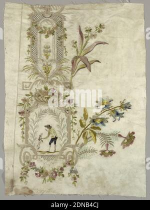 Textile, Moyen: Soie sur soie technique: Brodée sur taffeta, fragment de soie brodée avec de la soie montrant la conception de feuilles, de fleurs et de treillis formant un cadre vertical qui enferme et homme avec chien. Grandes fleurs fleuries, s'étendent à droite, dans une zone non brodée. France, milieu du XVIIIe siècle, broderie et couture, textile Banque D'Images