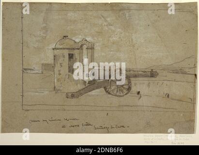 Etude pour 'Searchlight, Harbour Entrance, Santiago de Cuba', Winslow Homer, American, 1836–1910, Graphite, craie blanche sur papier gris, vue horizontale d'un canon et du projecteur sur le parapet du fort espagnol, Morro Castle, avec le port de Santiago de Cuba visible en arrière-plan., Santiago de Cuba, Cuba, Cuba, 1885, assaisonnement, dessin Banque D'Images