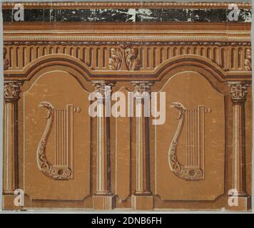 Frieze, Block-Printed on Handmade Paper, Design of lyres and columns, Printed in Shades of Brown., H# 383, France, 1815–40, Wallcovers, Frieze Banque D'Images