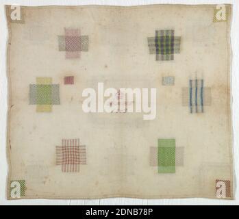 Sampler de dard, Moyen : broderie de soie sur fondation en coton technique : brodé en points de course sur fondation à tissage simple, onze carrés de motif de dard, un coin encastré, un patch au centre avec initiales couronnées et date., 1843, broderie et couture, sampler de dard Banque D'Images