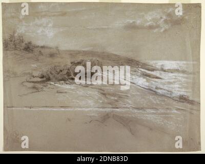 Littoral avec Scrub Pines, Prout's Neck, Eastern point, Winslow Homer, cuisine américaine, 1836–1910, charbon, craie blanche sur papier gris, vue de la basse côte rocheuse de la mer avec du bois flotté au centre du rivage et des pins de broussailles au sommet de la colline montante., États-Unis, ca. 1884–90, assaisonnement, dessin Banque D'Images