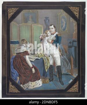 Tinsel Picture': Napoléon et l'impératrice Marie-Louise avec le roi de Rome, lithographie de couleur main, avec papier d'or appliqué, découpé à la machine, gaufré, mica et pailettes déchiquetées, pinceau et gouache sur papier blanc épais de vélin, Napoléon debout avec le roi de Rome dans ses bras; Marie-Louise se retourna, avec un mouchoir à ses yeux, dans une robe rouge taillée d'hermine; un écran et des portraits derrière., France, France, Paris, France, ca. 1860, Imprimer Banque D'Images