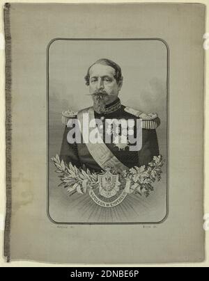 Napoleon III, Medium: Silk technique: À dominante gauchissement de la face de l'armure (blanc) avec une trame supplémentaire continue (noir), de manière variable liée sur le devant, qui sur le dos à l'extérieur de l'image est lié comme tissage simple, noir et blanc jacquard portrait tissé de Napoléon III La moitié inférieure du portrait est ornée d'un jet de feuilles de chêne et de Laurier, d'un éboutre et d'un ruban qui se lit comme « Napoléon III Empereur ». En bas à gauche et à droite se trouvent les signatures tissées 'Carquillat Text.' et 'Bruyas del'. Tissé par Michel-Marie Carquillat (d. 1884) après un portrait de Marc-Laurent Bruyas Banque D'Images