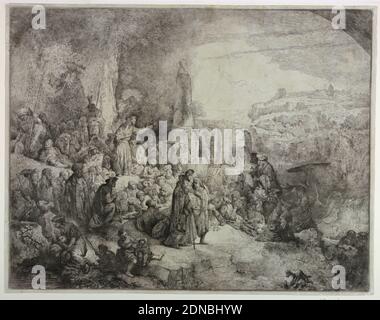 Le Sermon sur le Mont, Christian Wilhelm Ernst Dietrich, allemand, 1712 - 1774, Rembrandt Harmensz van Rijn, néerlandais, 1606 - 1669, Etching sur papier, Christ est vu au premier plan à gauche avec la multitude devant lui. En arrière-plan, un monument et un pont s'étendent sur une cascade. Inscrit, en bas à droite: 'Rembrandt F. / 1656'., Allemagne, ca. 1735, Imprimer Banque D'Images