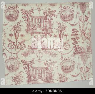 Textile, Jean-Baptiste Marie Huet, (français, 1745–1811), matériau : coton technique : Coperplate imprimée, 'le mariage de Figaro', hauteur de répétition- 20 1/2 pouces, deux scènes de l'Opéra de Mozart, 'le mariage de Figaro', (première production en 1793), deux vignettes circulaires encadrées illustrant l'opéra et les urnes et les arabesques., imprimée en rouge., Jouy, France, 1794–1800, textile imprimé, teint et peint Banque D'Images