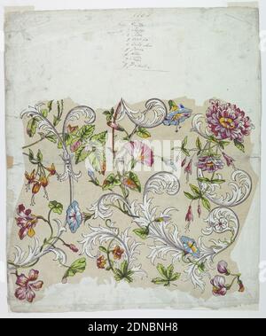 Épreuve pour un chintz de fleur, coupe de bois en encres multicolores sur fond de papier blanc, méandres entrelacés de tulipes, de gloires du matin, d'œillets et de roses parmi les feuilles stylisées d'acanthus avec effet de picotage. Imprimé en rouge, jaune, vert, bleu, lavande et marron foncé., France, 1820–30, dessins textiles, impression Banque D'Images