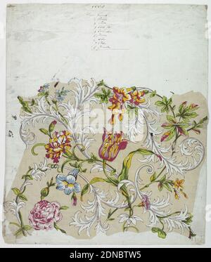 Épreuve pour un chintz de fleur, coupe de bois en encres multicolores sur fond de papier blanc, méandres entrelacés de tulipes, de gloires du matin, d'œillets et de roses parmi les feuilles stylisées d'acanthus avec effet de picotage. Imprimé en rouge, jaune, vert, bleu, lavande et marron foncé., France, 1790–1800, dessins textiles, impression Banque D'Images