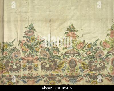 Textile, Medium: silk and metallic thread on a silk ground Technique: embroidered on a compound foundation, Deep horizontal panel of white silk with a design of double zigzag lines alternating horizontally with a row of lozenges. Multicolored silk embroidery, metallic thread and flat metal strips in a massive design of large-scale realistically rendered flowers and foliage combined with ornamental scrolls and other decorative motifs. Backed with tan linen. Band of red taffeta at top., France, 1700–1750, embroidery & stitching, Textile Stock Photo