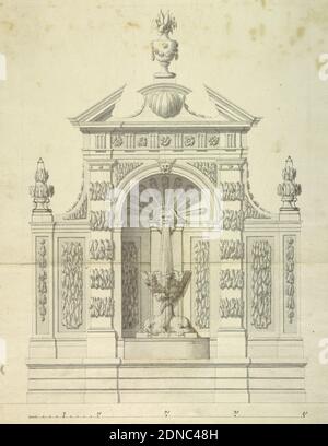 Design pour une fontaine pour le Palazzo Corsini, Rome, Italie, Ferdinando Fuga, Italien, 1699 - 1781, stylo et encre noire, pinceau et lavage gris, traces de graphite sur papier blanc cassé, un aedicule (petit temple / sanctuaire) avec un pediment cassé cadre une fontaine. L'eau s'écoule de l'embouchure d'un masque dans un bassin en forme de coquille soutenu par des dauphins entendés. Échelle ci-dessous., Italie, ca. 1743, architecture, dessin Banque D'Images