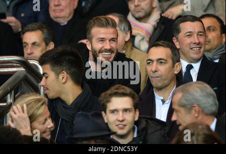 Nicolas Sarkozy, David Beckham, Sir Alex Ferguson, Youri Djorkaeff attending the UEFA champions League fourth round soccer match, Paris Saint-Germain Vs Chelsea FC at Parc des Princes stadium in Paris, France on February 17, 2015. Photo by Christian Liewig/ABACAPRESS.COM Banque D'Images