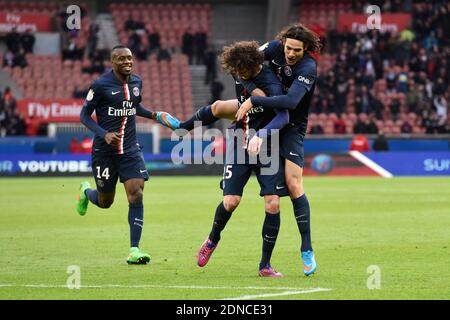Adrien Rabiot and Edinson Roberto Cavani during the French First League soccer match, Paris Saint-Germain Vs Toulouse at Parc des Princes stadium in Paris, France on February 21, 2015. Photo by Laurent Zabulon/ABACAPRESS.COM Stock Photo