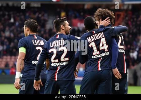 Adrien Rabiot and Edinson Roberto Cavani during the French First League soccer match, Paris Saint-Germain Vs Toulouse at Parc des Princes stadium in Paris, France on February 21, 2015. Photo by Laurent Zabulon/ABACAPRESS.COM Stock Photo