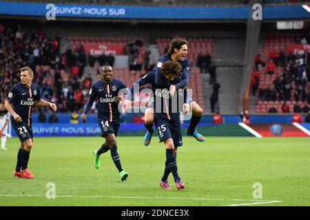Adrien Rabiot and Edinson Roberto Cavani during the French First League soccer match, Paris Saint-Germain Vs Toulouse at Parc des Princes stadium in Paris, France on February 21, 2015. Photo by Laurent Zabulon/ABACAPRESS.COM Stock Photo
